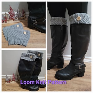 May include: Grey knitted boot cuffs with wooden buttons. The cuffs are worn over black boots. "Loom Knit Pattern" is written in purple text on the image.