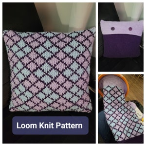 May include: A loom knit pattern for a pillow with a diamond pattern in shades of purple and blue. The pillow is shown in three different stages of completion.