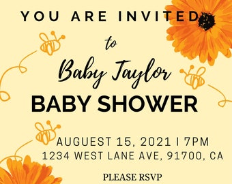 editable Neutral Baby shower Invitation, spring  and bee baby shower invitation