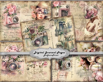Junk Journal Kit, Travel, Vacation, Vintage Camera, Pink Roses, Shabby, Papers, Digital Download, Printable, Journal Pages, Scrapbook