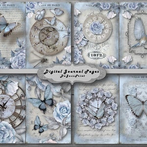 Diario spazzatura, download digitale, stampabile, blu, trasandato, carta, fogli collage, floreale, farfalla, vintage, pagine del diario, parte II