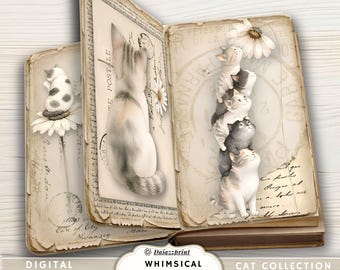 Whimsical Vintage Cat Junk Journal Pages, Cat Journal Printable, Vintage Cat Paper, Floral Cat Journal, Cottagecore Junk Journal, Daisy