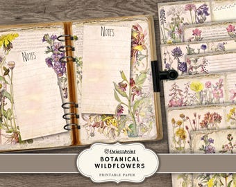 Diario spazzatura, download digitale, stampabile, fiori selvatici botanici, carte per album, fogli collage, vintage, pagine di diario, diario floreale