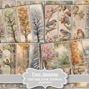 Diario digital, Cuatro estaciones, Primavera, Verano, Otoño, Invierno, Vintage, Shabby, Álbum de recortes, Imprimible, Descarga digital