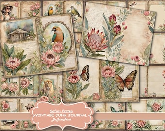 May include: A digital collage sheet featuring vintage style images of protea flowers, birds, butterflies, and a lion. The sheet is titled "Safari Protea Vintage Junk Journal" with the text "DaJazzePrint" below the title.