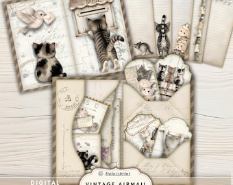 Vintage Cat Airmail Folio Kit, Vintage Cat Junk Journal Kit, Airmail Ephemera, Printable Folio, French Postal Paper, Digital Download