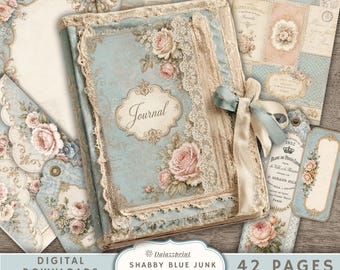 Shabby Blue Junk Journal Kit, Vintage Junk Journal Pages, Shabby Chic Printable Journal, Digital Ephemera, Pockets, Tags, Envelopes