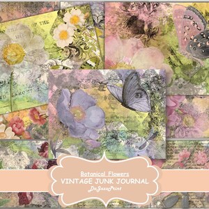Vintage Botanical Flowers, Butterflies, Digital Junk Journal, Card Making, Digital Downloads, Paper Pack, Digital Scrapbooking Kit, Shabby
