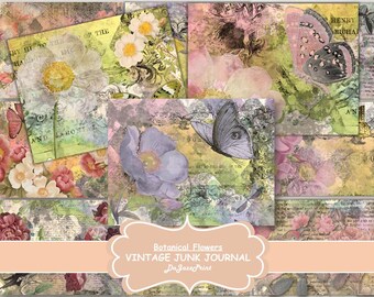 Vintage Botanical Flowers, Butterflies, Digital Junk Journal, Card Making, Digital Downloads, Paper Pack, Digital Scrapbooking Kit, Shabby