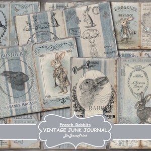 Diario spazzatura, coniglio francese, coniglietto, vintage, blu, sacco di grano, album, stampabile, download digitale