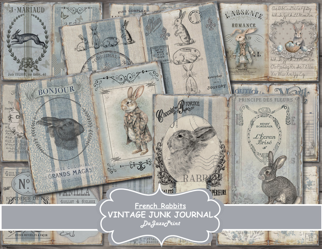 Junk Journal,  French Rabbit, Bunny, Vintage, Blue, Grain Sack, Scrapbook, Printable, Digital Download
