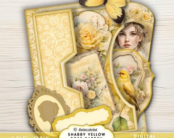 Shabby Yellow Rose Garden Folder Kit Printable | Vintage Floral Junk Journal Kit | Pockets Tags Envelope Background Papers | Cottagecore