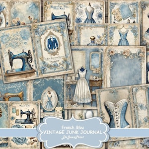 Carnet de bord numérique, bleu Français, boutique sur mesure, cartes, shabby chic, vintage, créateur de robes, imprimable, téléchargement numérique