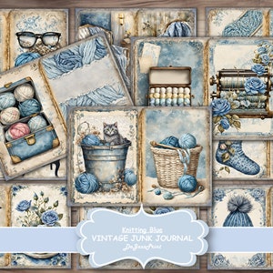 Junk Journal,  knitting, Blue, Vintage, Blank Page, Backing Papers, Scrapbook, Printable, Digital Download