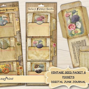 Puede incluir: Juego de sobres y bolsillos de semillas de estilo vintage. El juego incluye varios bolsillos con ilustraciones florales y texto, como "Flower Seeds" y "Bulbs". El diseño presenta una estética de papel envejecido y desgastado.