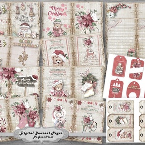 Junk Journal, download digitale, stampabile, Natale, orso, carta, fogli collage, floreale, pagine di diario, kit di Natale