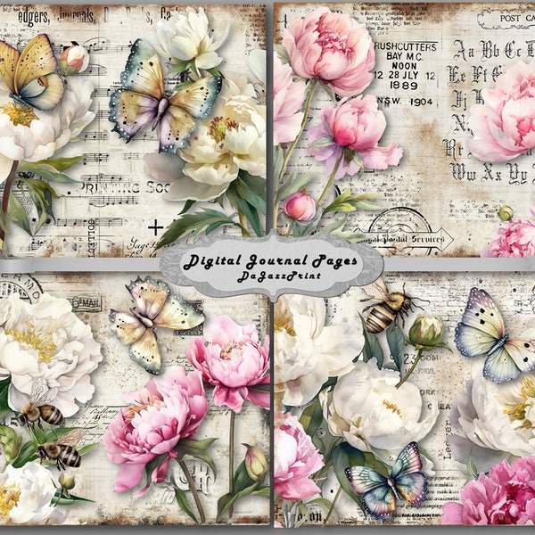 Peony Junk Journal Pages, vintage Peony Junk Journal Kit, Junk Journal Printable Paper, Digital Collage Sheet, Instant Download, Shabby