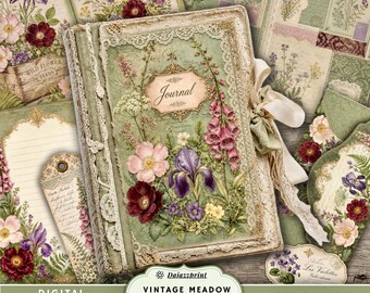 Vintage Meadow Cottage Junk Journal Kit, Vintage Botanical Printable Journal, Cottagecore Ephemera, Tags, Pockets, Envelope, Sage Green Pape