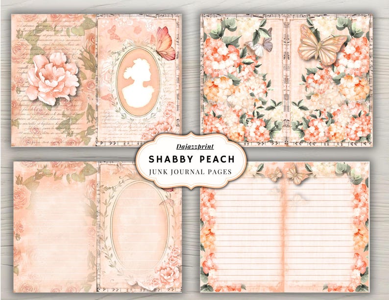 May include: Four-panel image of "Shabby Peach" junk journal pages. The pages feature peach and cream floral designs, butterflies, and cameo silhouettes. Some pages have lined paper, while others have script backgrounds.