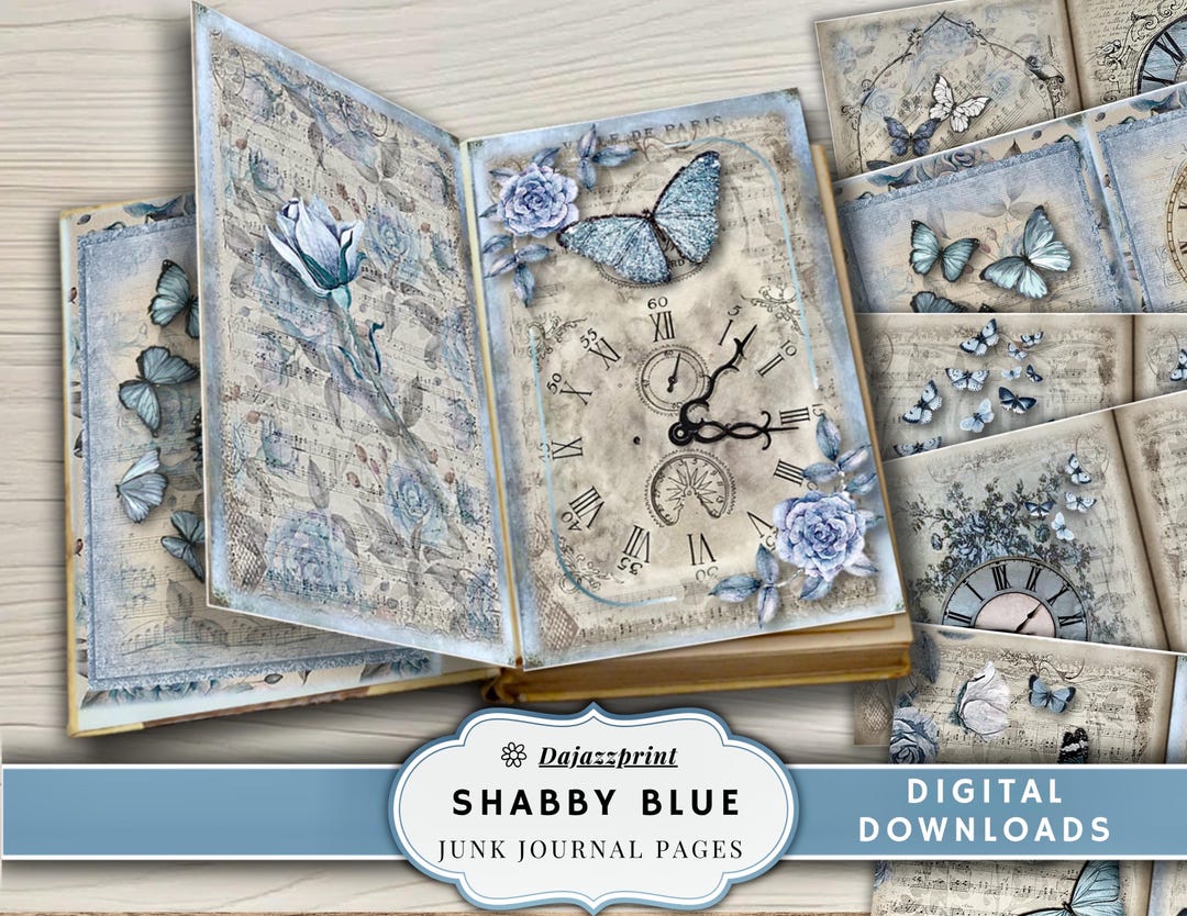 Shabby Blue Junk Journal Kit | Printable Vintage Papers, Floral ...