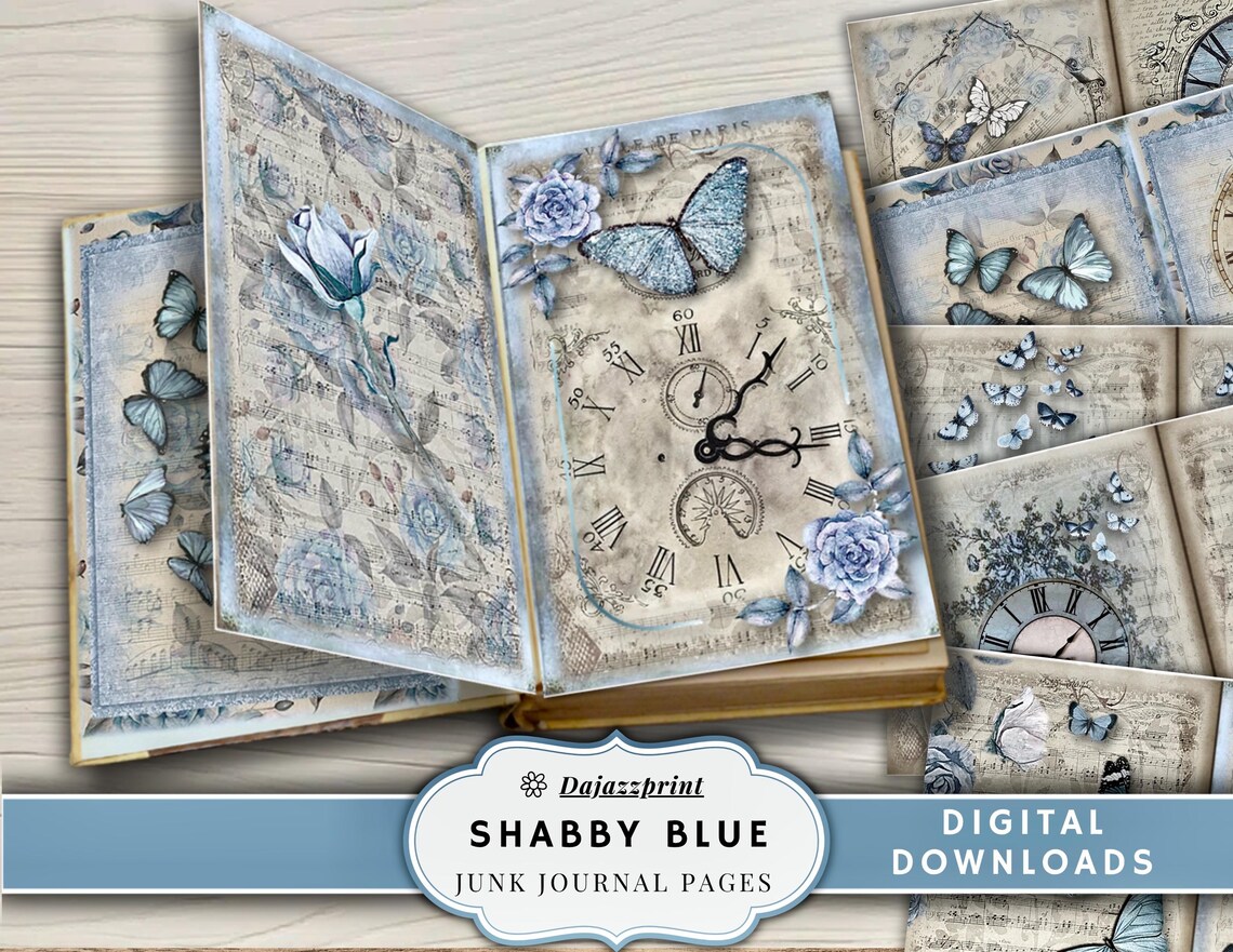 Shabby Blue Junk Journal Kit | Printable Vintage Papers, Floral ...