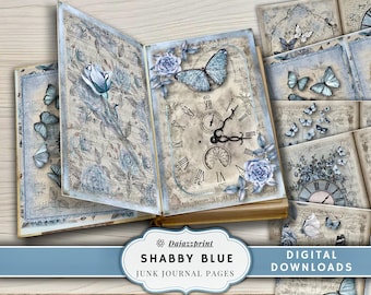 Shabby Blue Junk Journal Kit | Printable Vintage Papers, Floral & Butterfly Pages | Digital Download