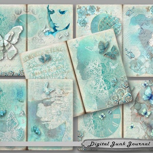 Junk Journal, Digital Download, Printable, Shabby, Turquoise, Papers, Collage Sheets, Floral, Butterfly, Vintage, Journal Pages.