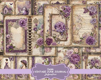 Digital Junk Journal,  Purple, Vintage, Shabby Chic, cottage, Floral, Printable, Digital Download
