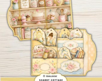 Shabby Cottage Kitchen Folio Kit Printable, Vintage Farmhouse Recipe Journal, Junk Journal Kit, Tea Coffee Baking Ephemera, Digital Download