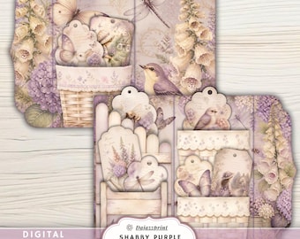 Shabby Purple Garden Folio Kit, Printable Junk Journal Kit, Vintage Floral Ephemera, Garden Journal Pages, Purple Floral Digital Download