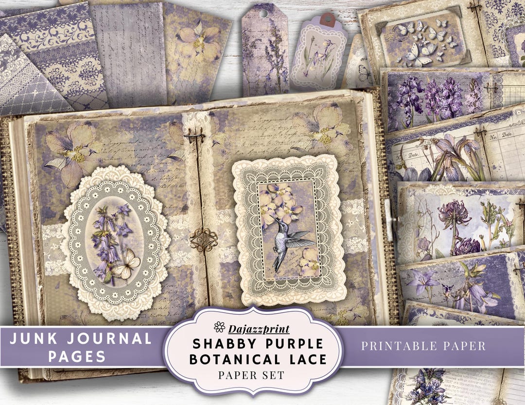 Botanical Purple Lace Junk Journal Kit, Vintage Floral Printable ...