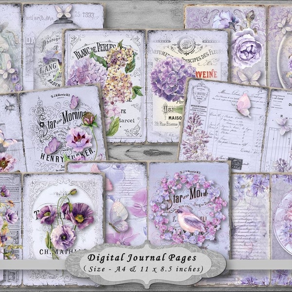 Junk Journal, Digital Download, Printable, Shabby, Purple Pink, Papers, Collage Sheets, Floral, Butterfly, Vintage, Journal Pages.