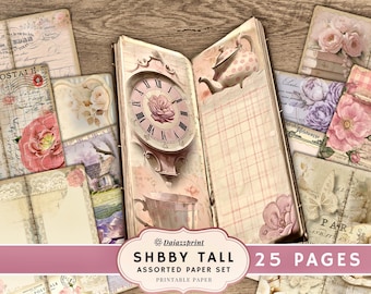 Tall Skinny Journal Papers, Shabby Chic - 24 Pages, Instant Digital Download, Printable  Papers, Digital Junk Journals kits, Dajazzprint