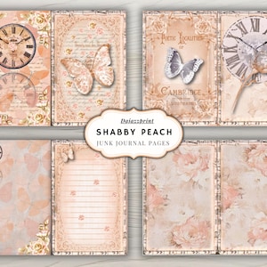 May include: Shabby Peach junk journal pages. The pages feature a vintage aesthetic with clocks, butterflies, and floral designs in soft peach and cream tones. Some pages include lined paper and text, with the words "Poetic Localities of Cambridge".