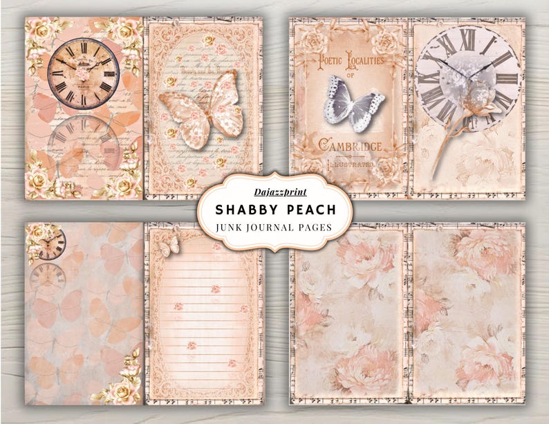 May include: Shabby Peach junk journal pages. The pages feature a vintage aesthetic with clocks, butterflies, and floral designs in soft peach and cream tones. Some pages include lined paper and text, with the words "Poetic Localities of Cambridge".