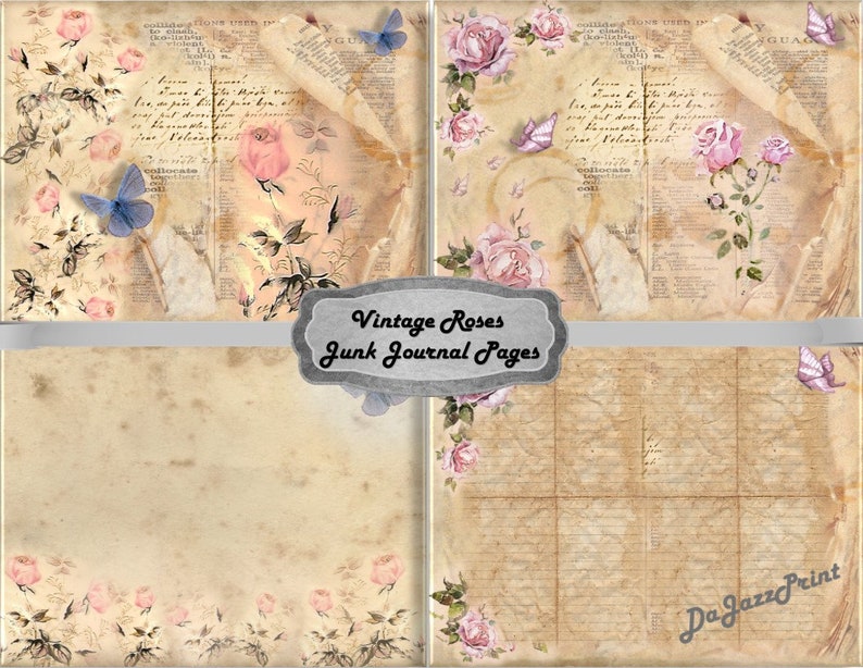 Junk Journal Printable Papers, Vintage Rose, Scrapbooking Antique Papers, Collage Papers, Shabby ...