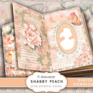 May include: Shabby peach junk journal pages with floral and butterfly illustrations. The pages feature a vintage aesthetic with a peach and cream color palette. The text "Dajazzprint" and "Digital Downloads" are visible.