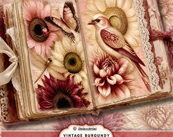 Vintage Burgundy Garden Junk Journal Pages Printable | Vintage Floral Botanical Journal Paper | Burgundy Garden Printable Pages