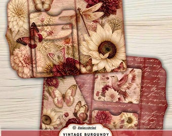 Vintage Burgundy Garden Folio Kit, Printable Junk Journal Folio, Vintage Botanical Ephemera, Shabby Garden Journal, Digital Download