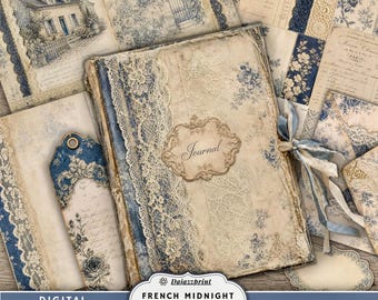 French Midnight Blue Garden & Lace Junk Journal Kit, Vintage French Rose Journal, Shabby Chic Printable Ephemera