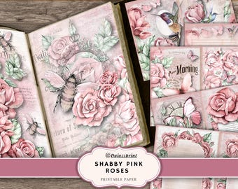 Junk Journal, Digital Download, Printable, Shabby, Pink, Papers, Collage Sheets, Floral, Roses, Vintage, Journal Pages