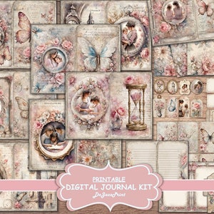 Kit de diario basura, para madres e hijas, Día de la Madre, regalo, tarjetas, etiquetas, estilo shabby chic, rosa, imprimible vintage, descarga digital