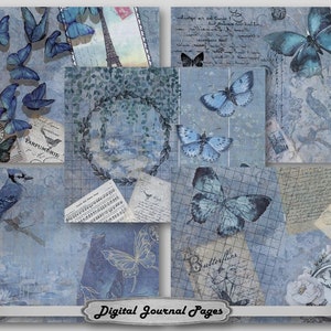 Junk Journal, download digitale, stampabile, blu, fogli di carta, collage, motivi floreali, farfalle, vintage, pagine del diario.
