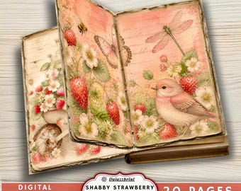 Shabby Strawberry Cottage Journal Pages, Vintage Strawberry Printable Paper, Cottagecore Junk Journal Pages, Printable Writing Paper