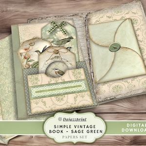 Digital Junk Journal, saliegroen, eenvoudig junkjournaalboek, eenvoudige dagboekpagina's, versieringen, digitale downloads, vintage plakboekkit