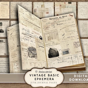 Puede incluir: Una colección de efímeras vintage, que incluye libros de contabilidad abiertos y papeles individuales envejecidos. Las páginas presentan texto manuscrito, sellos e ilustraciones. El texto "VINTAGE BASIC EPHEMERA" y "DIGITAL DOWNLOADS" está incluido.