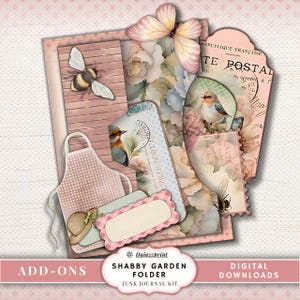 May include: A collection of digital scrapbook elements with a shabby chic garden theme. Includes a pink apron, butterfly, bee, bird, and floral designs. The text on the image reads "Shabby Garden Folder" and "Digital Downloads."