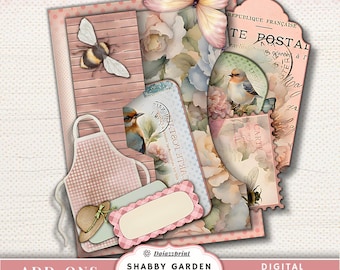 Shabby Garden Folder Printable Kit, Vintage Floral Junk Journal Ephemera, Cottagecore Paper, Digital Download PDF