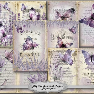 Junk Journal, Butterflies, lavender, Purple, Shabby, Papers, Digital Download, , Printable, Vintage, Journal Pages, Scrapbook