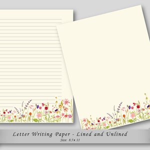 Papel para cartas con flores silvestres para imprimir, descarga digital, papelería imprimible, botánica, A4, carta, notas con líneas y sin líneas